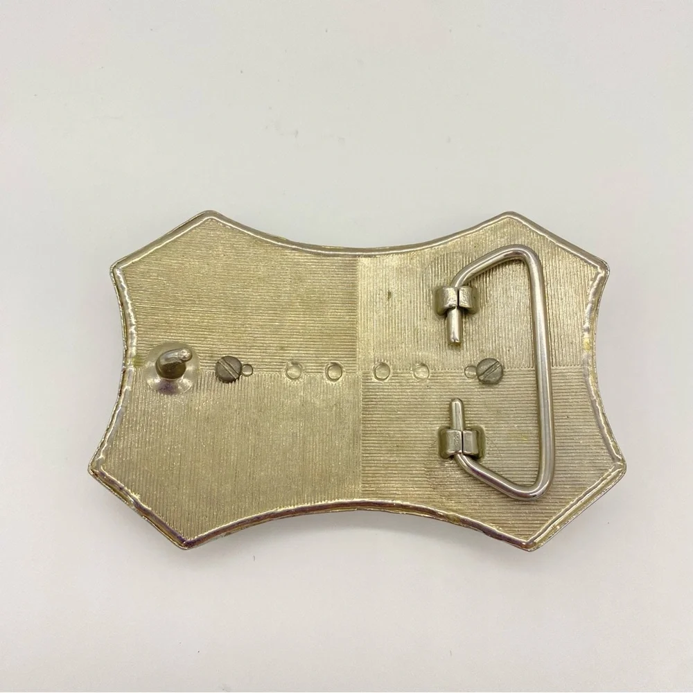 Western Silver Tone Belt Buckle Faux Banded Amber Agate & Black Scrollwork